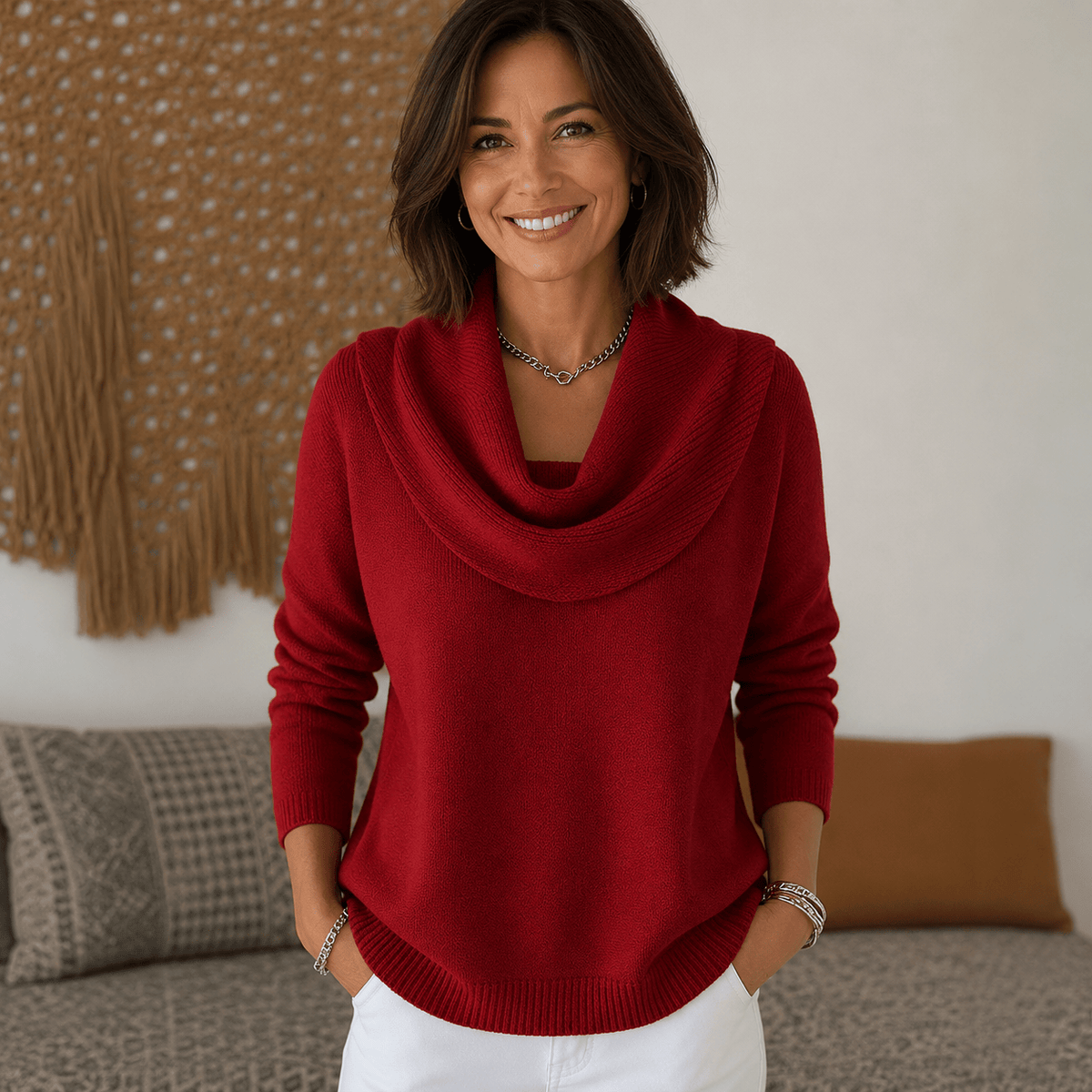 Cream-colored women's cowl neck sweater by THE WHITMORE FAMILY featuring a cozy, relaxed fit and ribbed cuffs.
