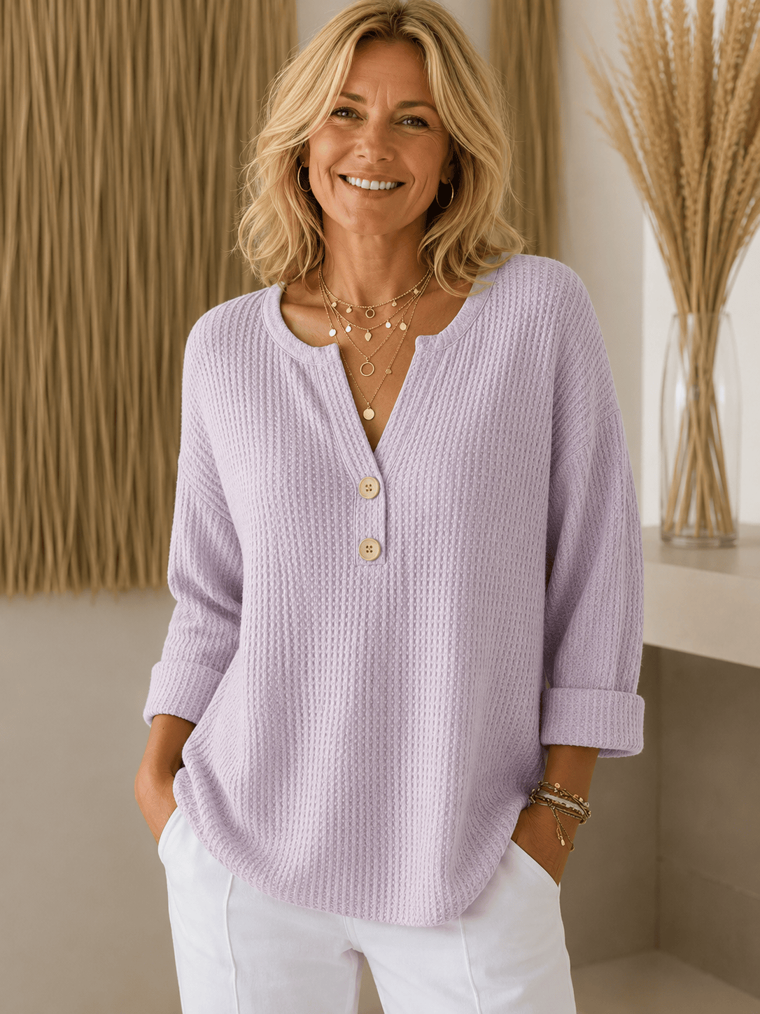 Women’s Henley button sweater by THE WHITMORE FAMILY, shown in a cozy knit with a button-up neckline and long sleeves.
