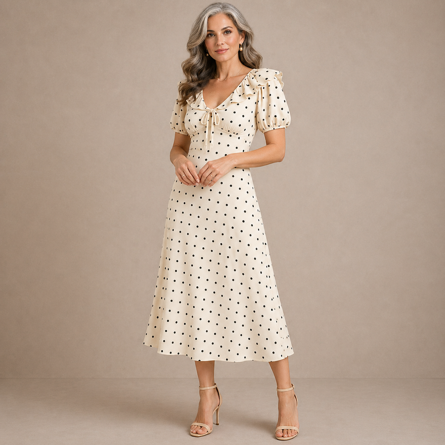 ELVENA™ | Polka Dot Ruffle Midi Dress