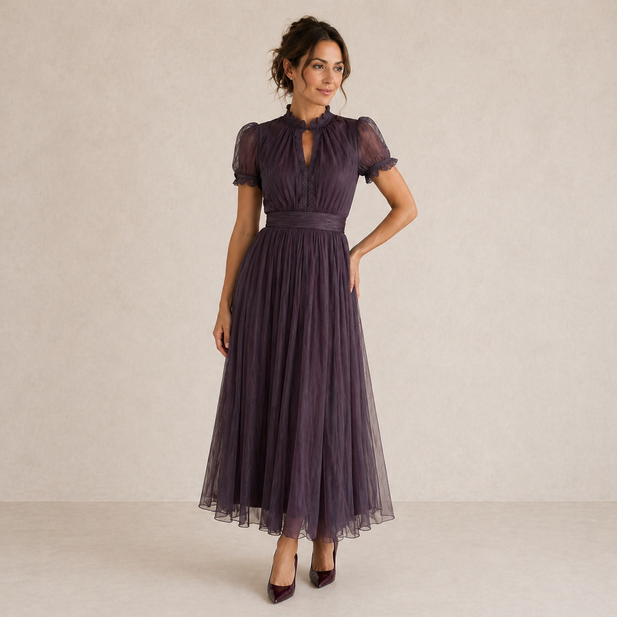 ELVENA™ | Pleated Puff-Sleeve Midi Dress