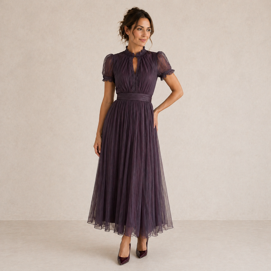 ELVENA™ | Pleated Puff-Sleeve Midi Dress