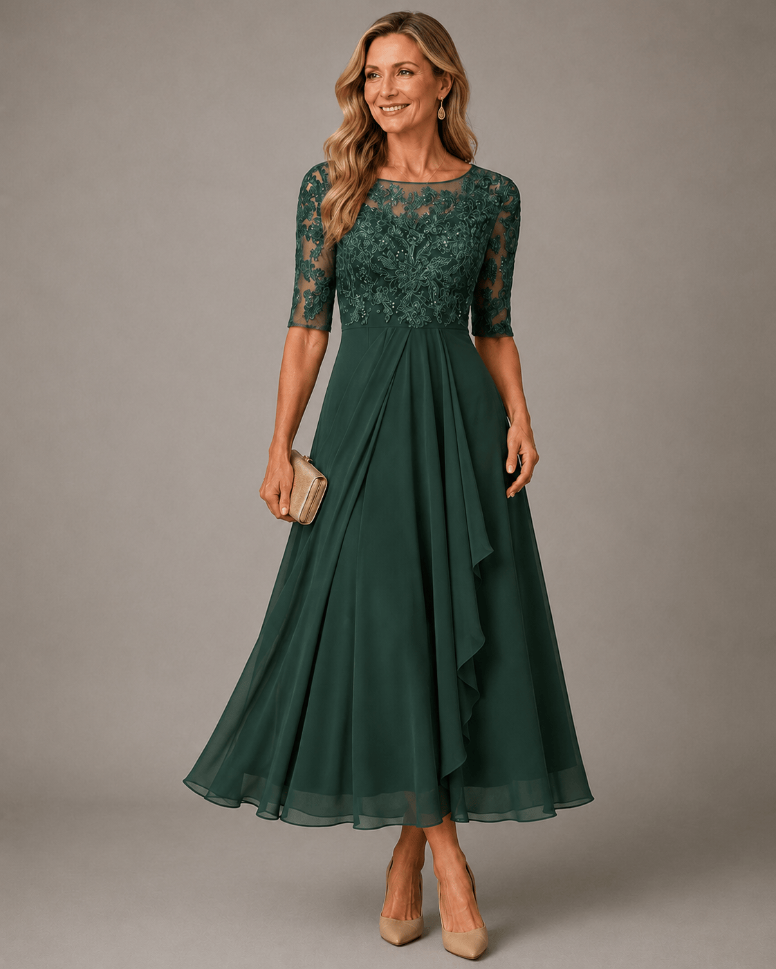 Rosa lace midi dress by THE WHITMORE FAMILY featuring intricate lace fabric and a flowing silhouette on a model.