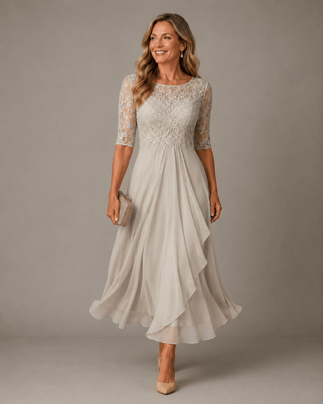Rosa lace midi dress by THE WHITMORE FAMILY, featuring delicate lace fabric and a fitted silhouette, shown on a hanger.