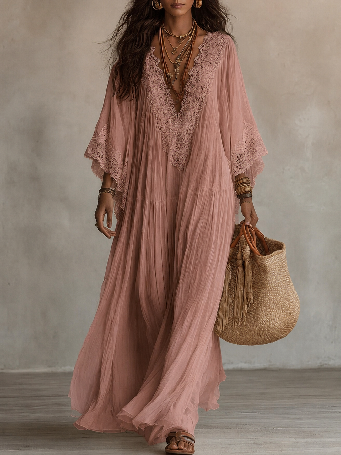 Celeste | Long Ivory Chiffon and Lace Dress
