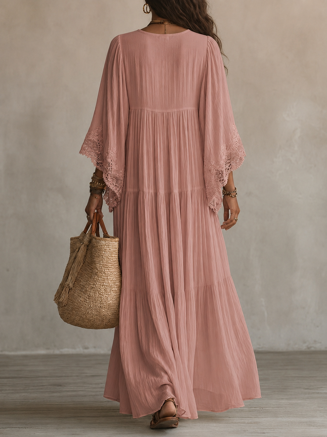 Celeste | Long Ivory Chiffon and Lace Dress