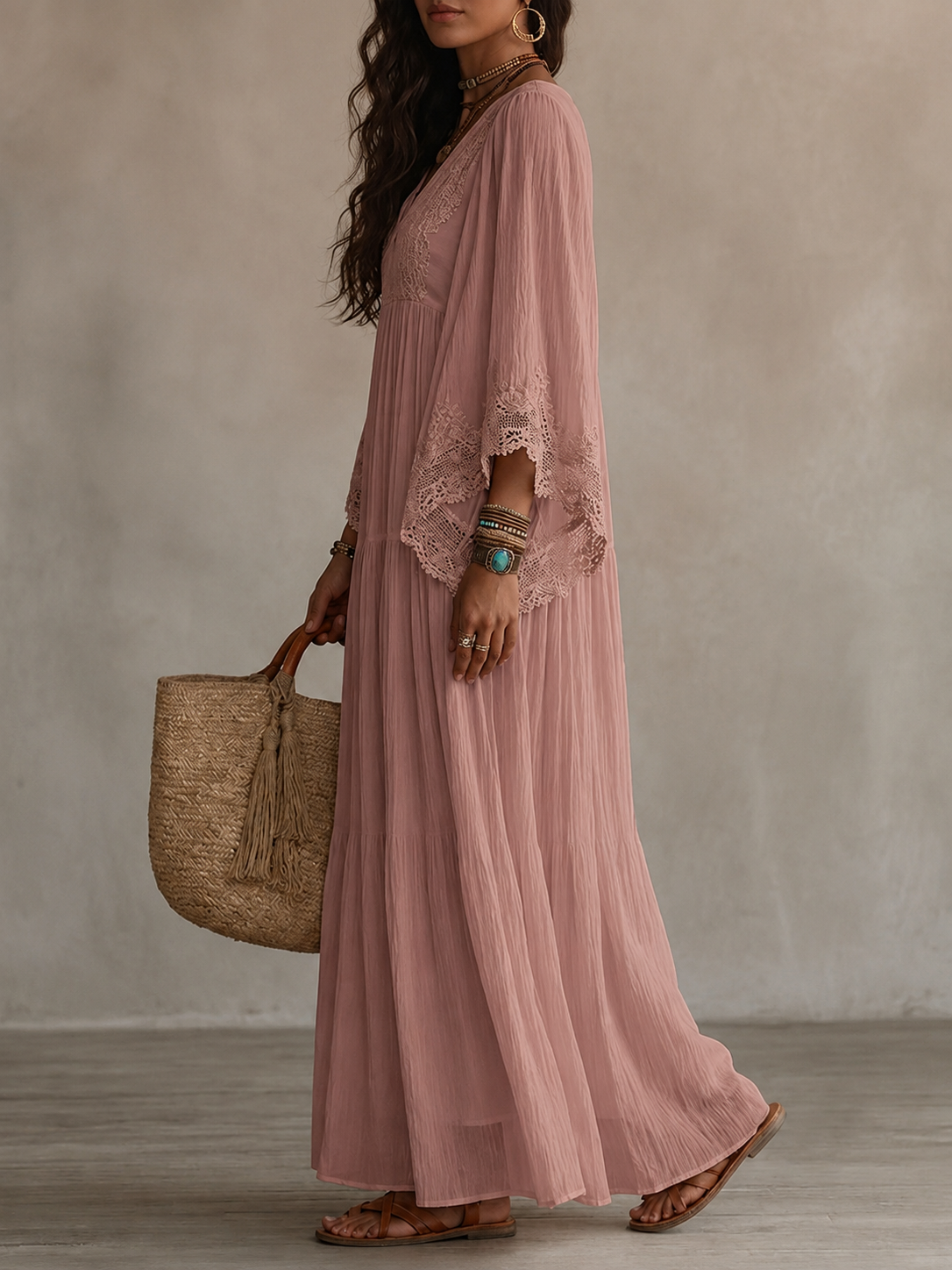 Celeste | Long Ivory Chiffon and Lace Dress