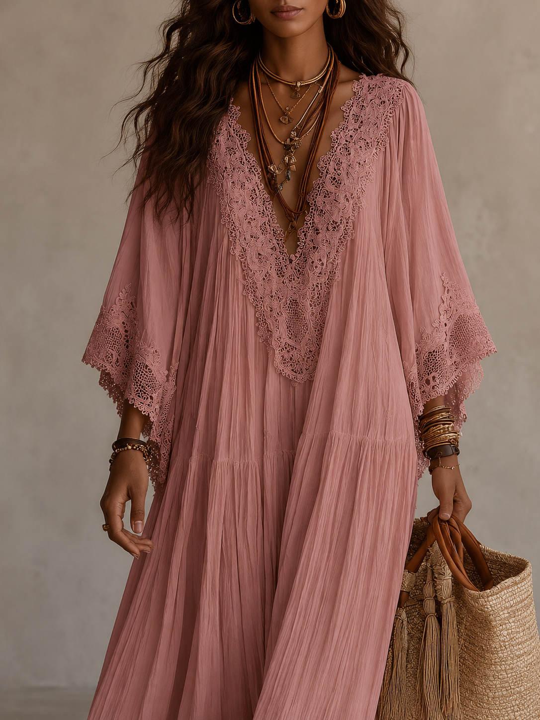 Celeste | Long Ivory Chiffon and Lace Dress