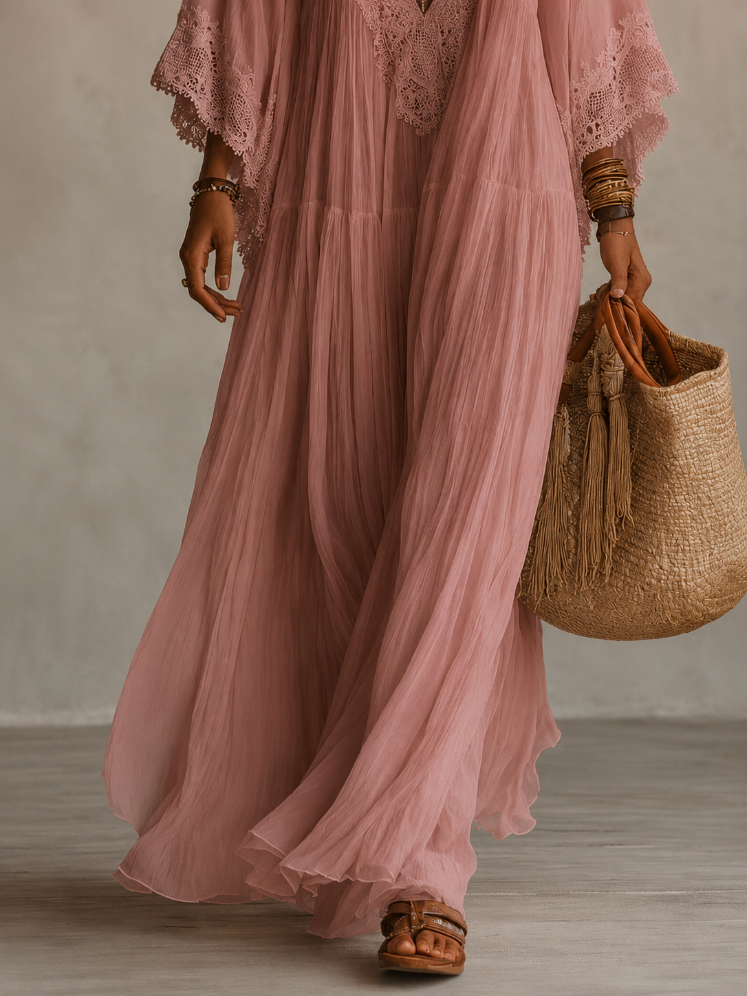Celeste | Long Ivory Chiffon and Lace Dress