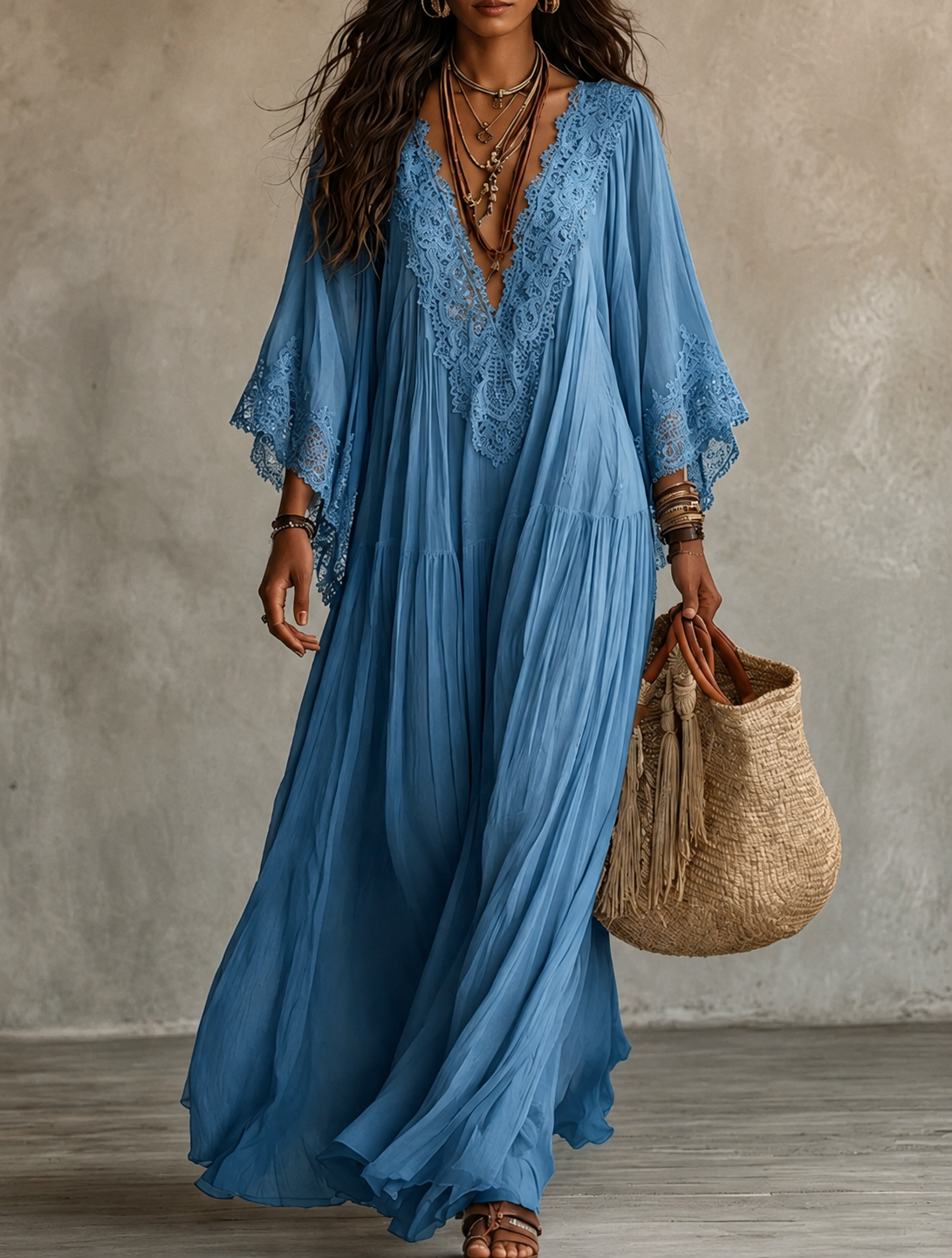 Celeste | Long Ivory Chiffon and Lace Dress