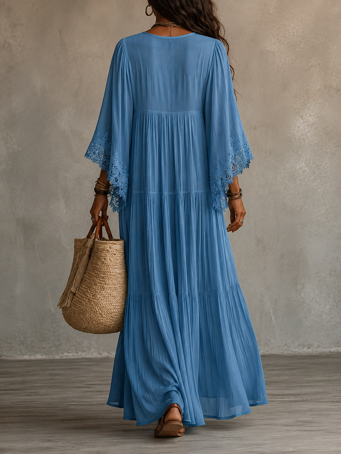 Celeste | Long Ivory Chiffon and Lace Dress