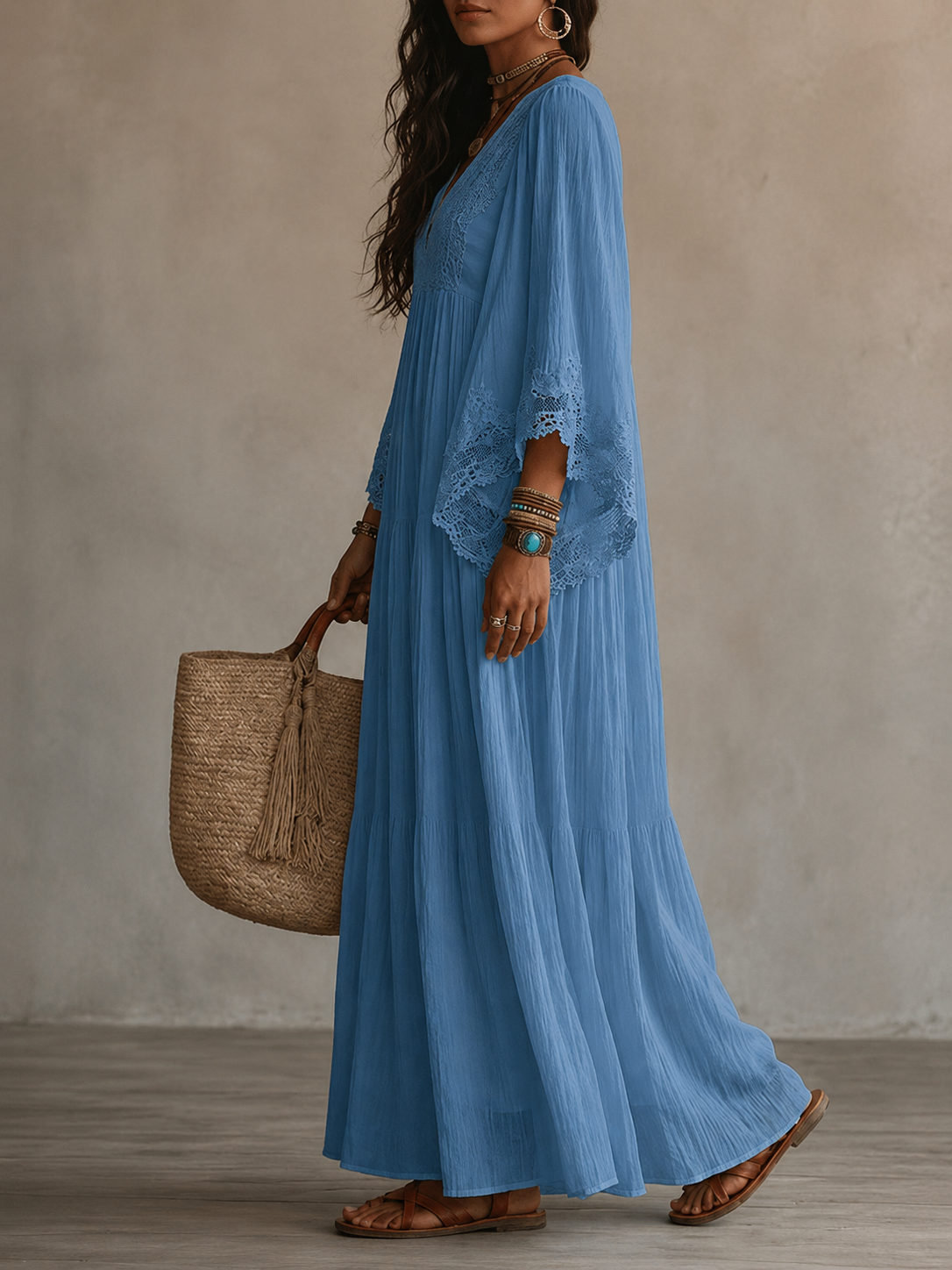 Celeste | Long Ivory Chiffon and Lace Dress