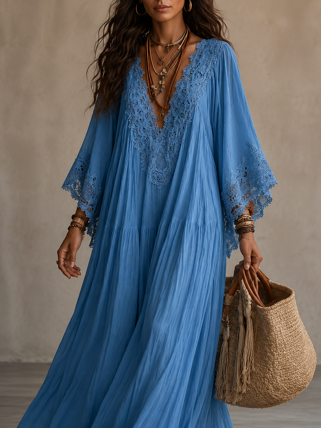 Celeste | Long Ivory Chiffon and Lace Dress