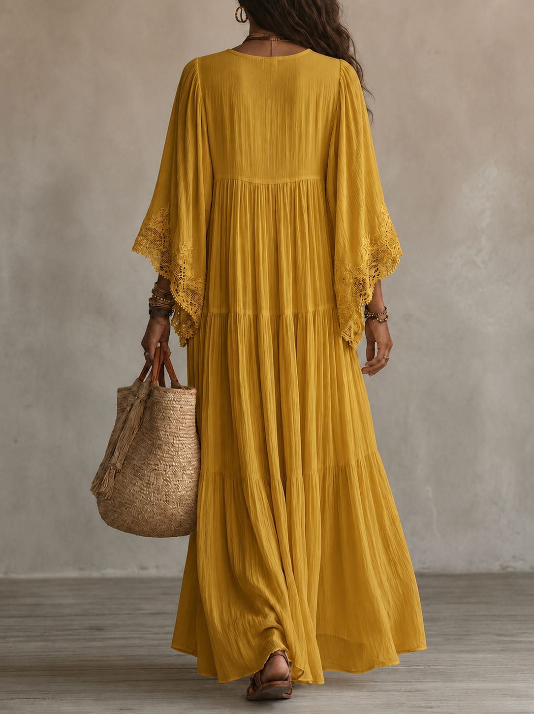 Celeste | Long Ivory Chiffon and Lace Dress