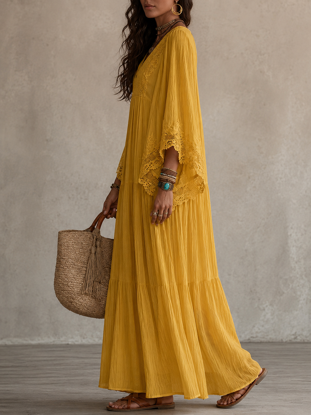 Celeste | Long Ivory Chiffon and Lace Dress