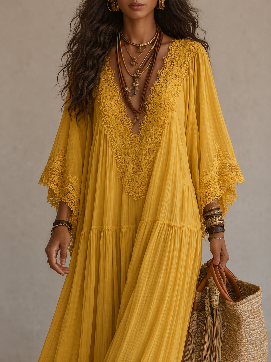 Celeste | Long Ivory Chiffon and Lace Dress