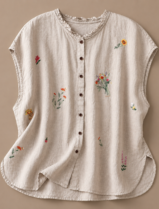 Jasmine cotton linen blouse by THE WHITMORE FAMILY featuring a relaxed fit, lightweight fabric, and delicate floral details.