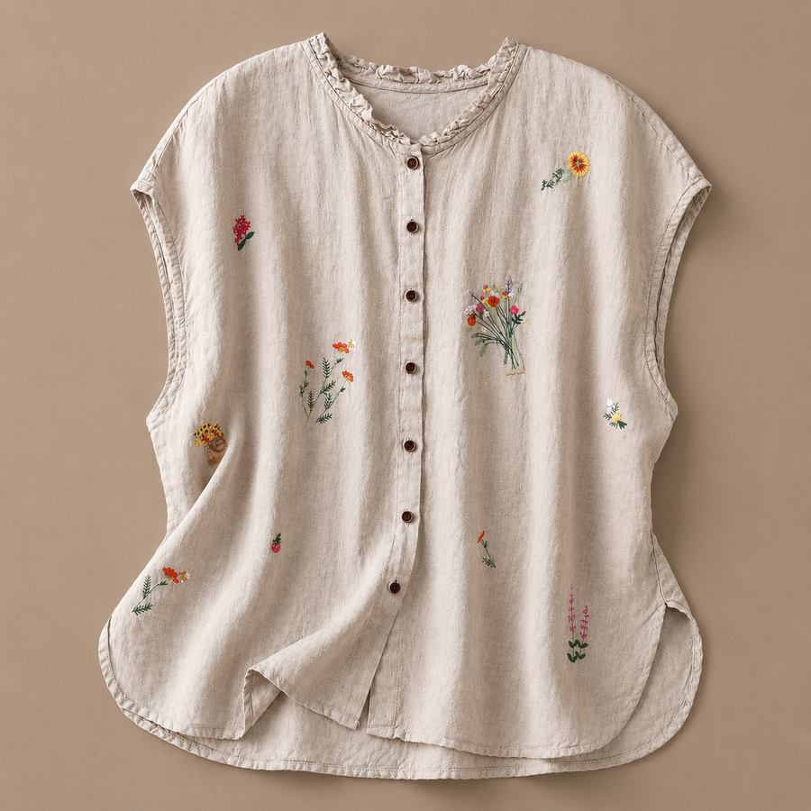Jasmine cotton linen blouse by THE WHITMORE FAMILY featuring a relaxed fit, lightweight fabric, and delicate floral details.
