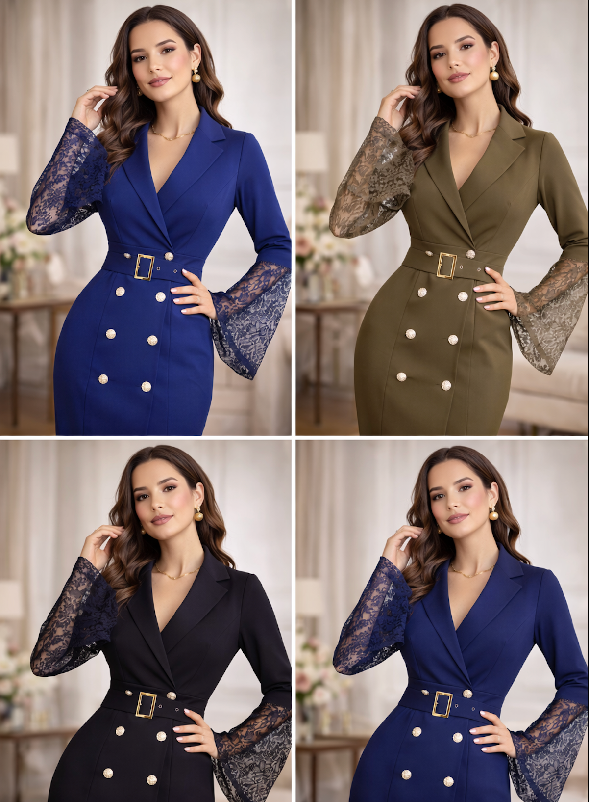 ELVENA™ | Belted Lace-Sleeve Midi Dress