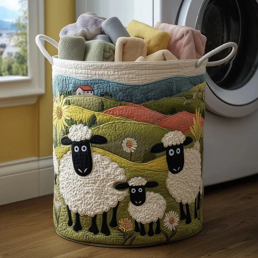 Cozy sheep quilted laundry basket by THE WHITMORE FAMILY, handcrafted storage basket with soft, padded quilted design.