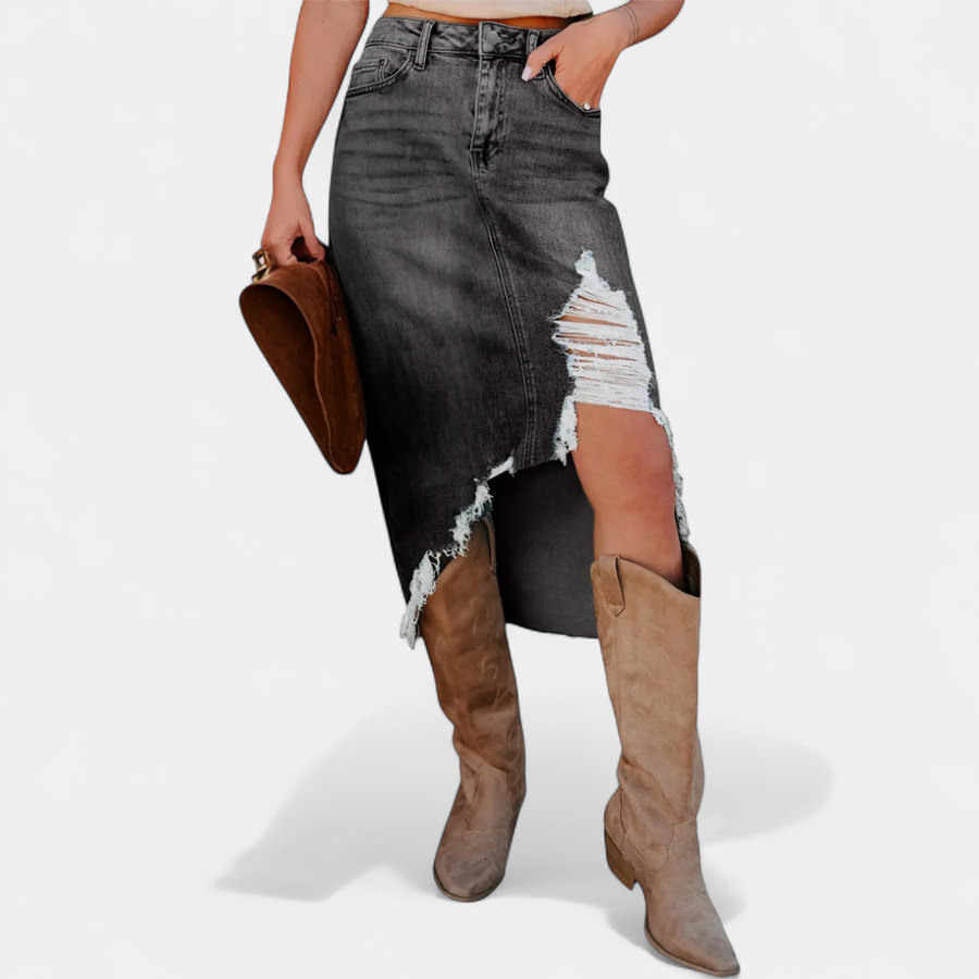 Dark gray BLAKE™ relaxed high-waist denim maxi skirt by THE WHITMORE FAMILY, featuring a flowing denim fabric and relaxed fit.