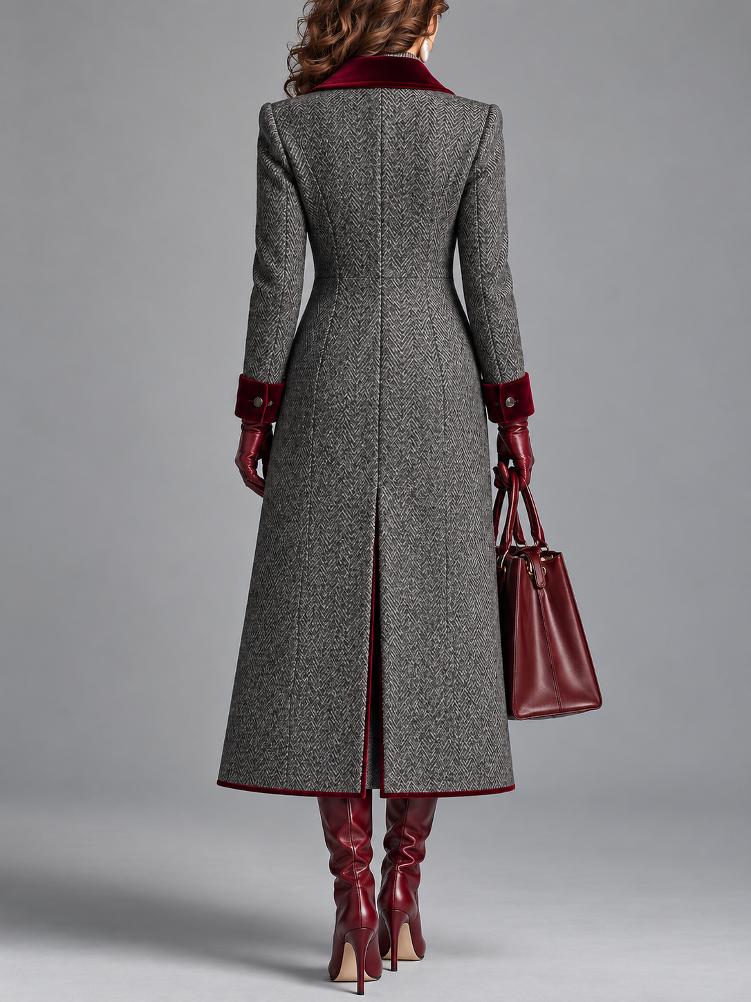 Elegant Herringbone Wool Long Coat with Velvet Trim