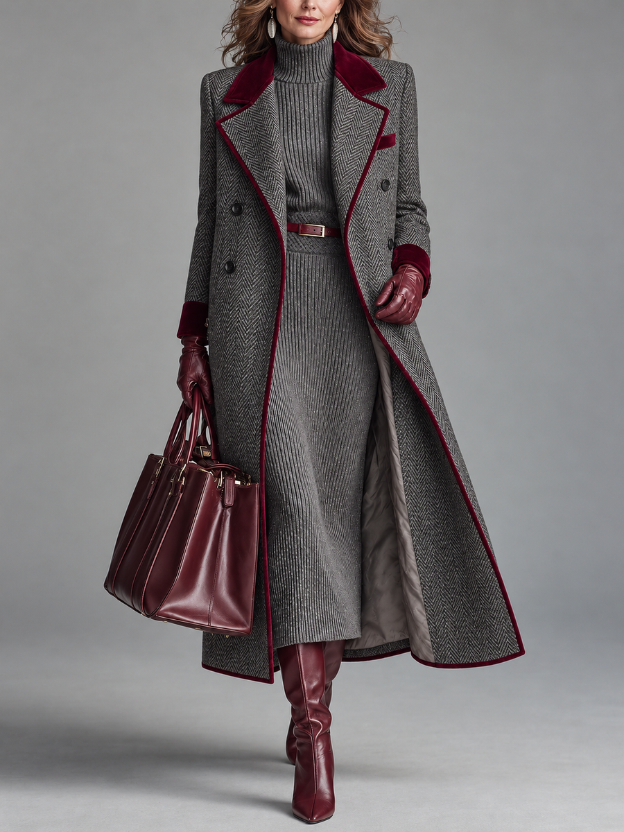 Elegant herringbone wool long coat with velvet trim from THE WHITMORE FAMILY, featuring a sophisticated winter outerwear design.