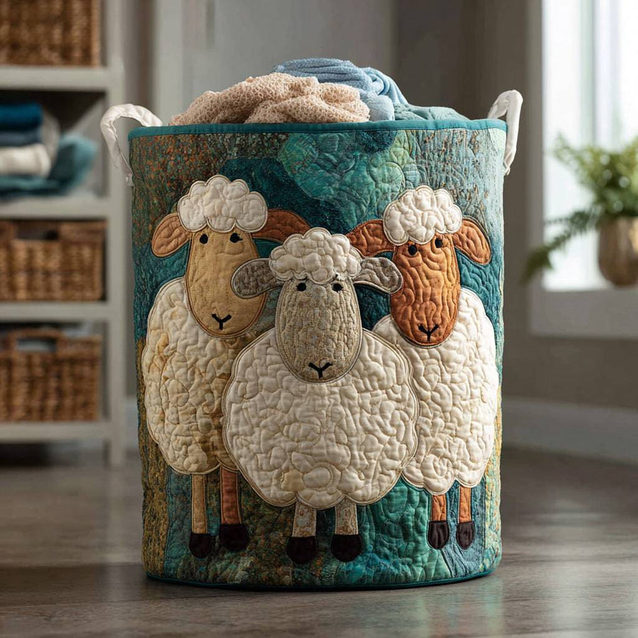 Quilted Fluff Parade laundry basket by THE WHITMORE FAMILY with a soft, padded design and sturdy handles for easy carrying.