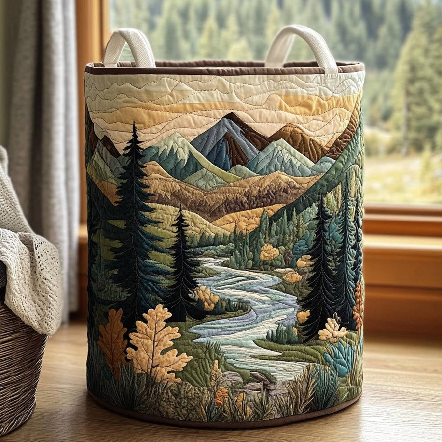 Quilted Forest Stream laundry basket by THE WHITMORE FAMILY with a natural woodland design and sturdy fabric.