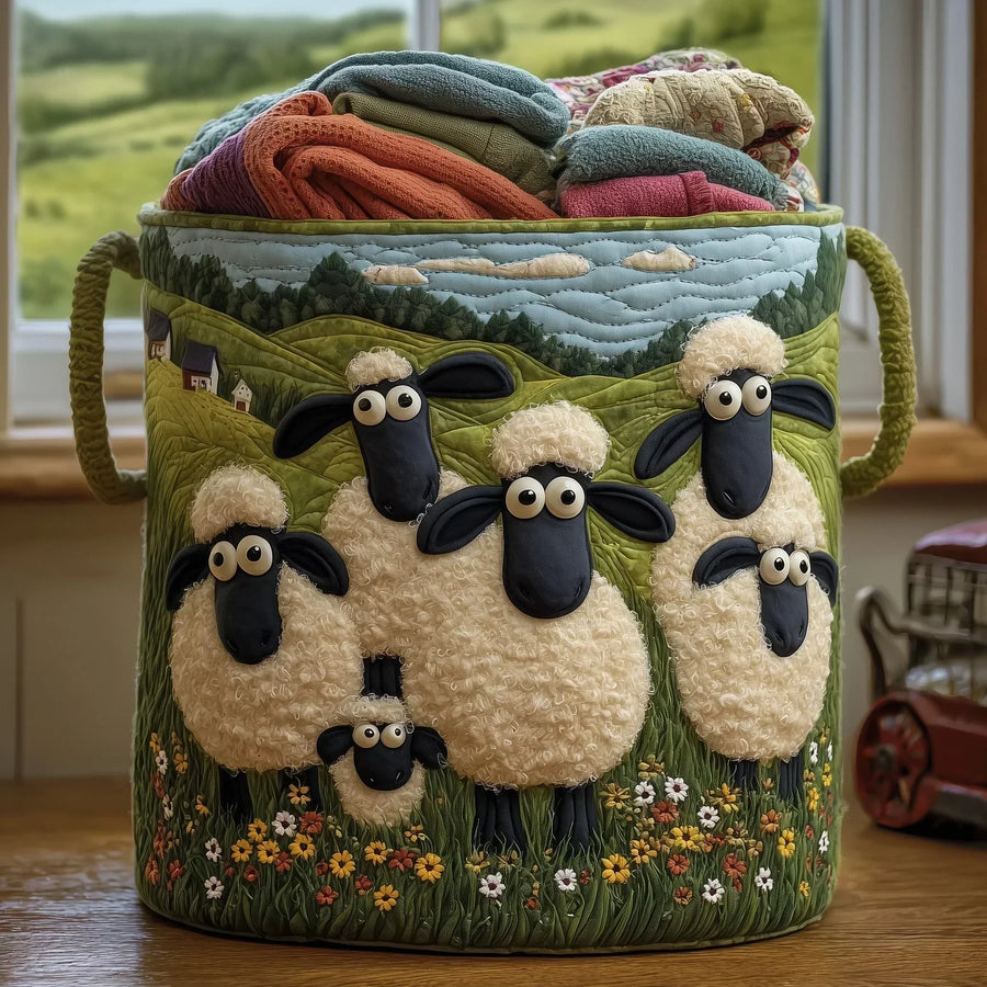 Handcrafted quilted laundry basket by THE WHITMORE FAMILY with a soft, woven fabric design and sturdy handles.