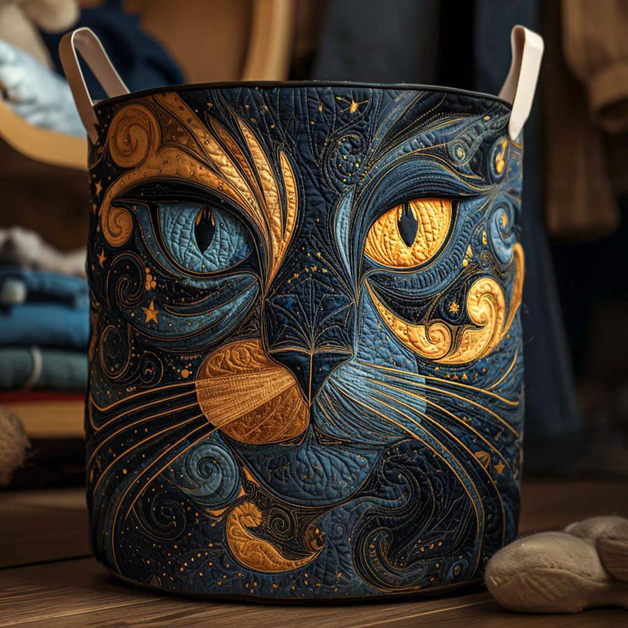 Quilted Galaxy Cat laundry basket by THE WHITMORE FAMILY with a padded, collapsible design for convenient laundry organization.