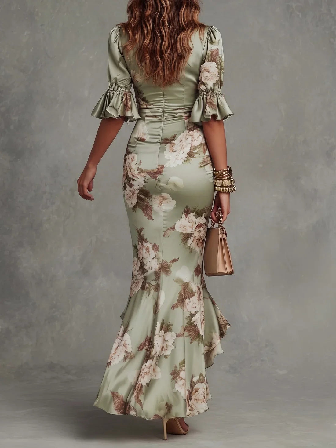 Floral Satin Ruched Maxi Dress with Ruffle Hem