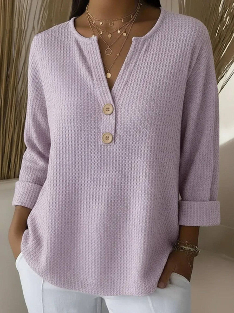 Giselle Lila Lucinda Henley Button Top by THE WHITMORE FAMILY, stylish purple blouse with button front and collar detail.