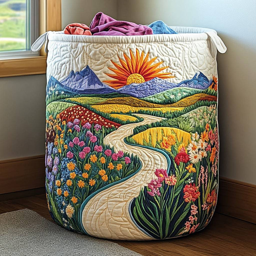 Golden Horizon quilted laundry basket by THE WHITMORE FAMILY with a soft, padded quilted design for storage and organization.
