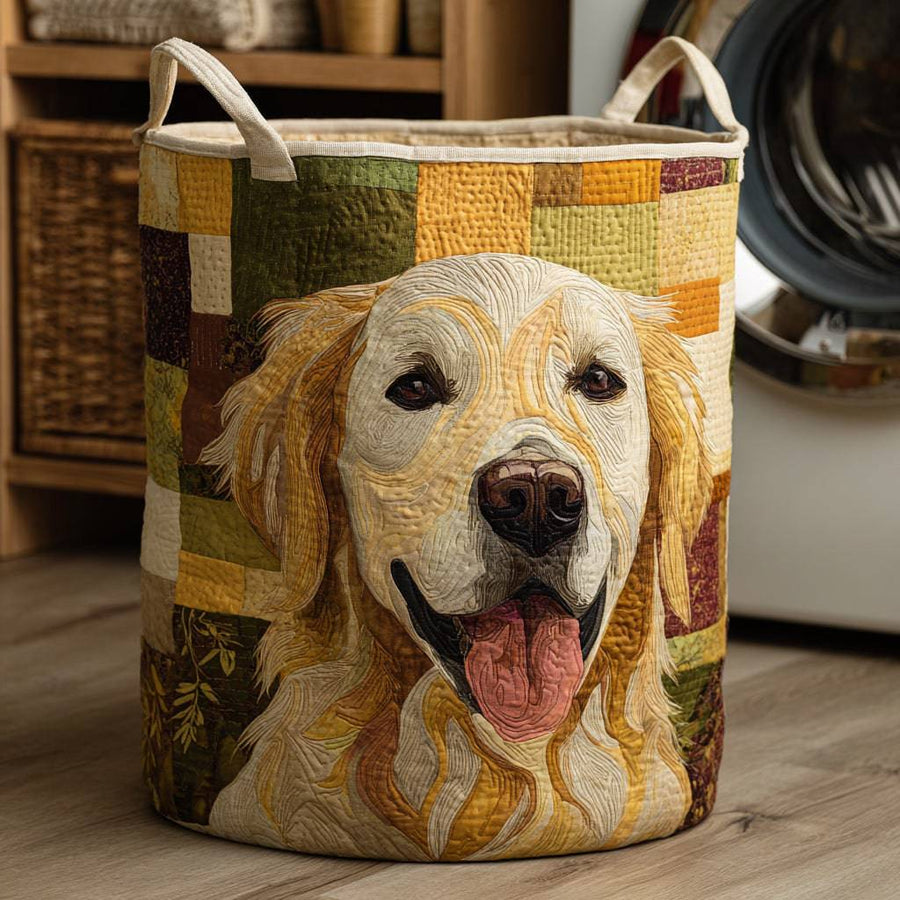 Quilted laundry basket featuring a happy golden retriever design by THE WHITMORE FAMILY, ideal for organizing laundry with a playful touch.