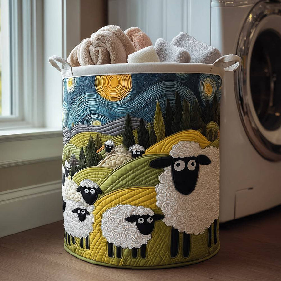 Quilted Lamb Meadow Laundry Basket by THE WHITMORE FAMILY, soft fabric exterior with handles for easy carrying.