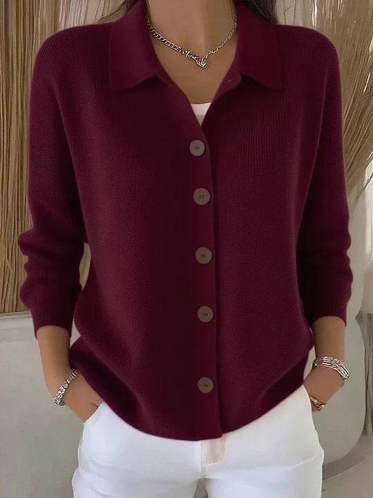 Maribel Burgundy Josephine™ button-front collared cardigan by THE WHITMORE FAMILY, featuring a classic knit design and button closure.