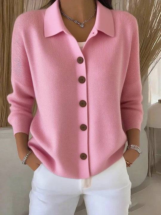 Pink Josephine™ button-front collared cardigan by THE WHITMORE FAMILY, shown on a model with a classic knit design.
