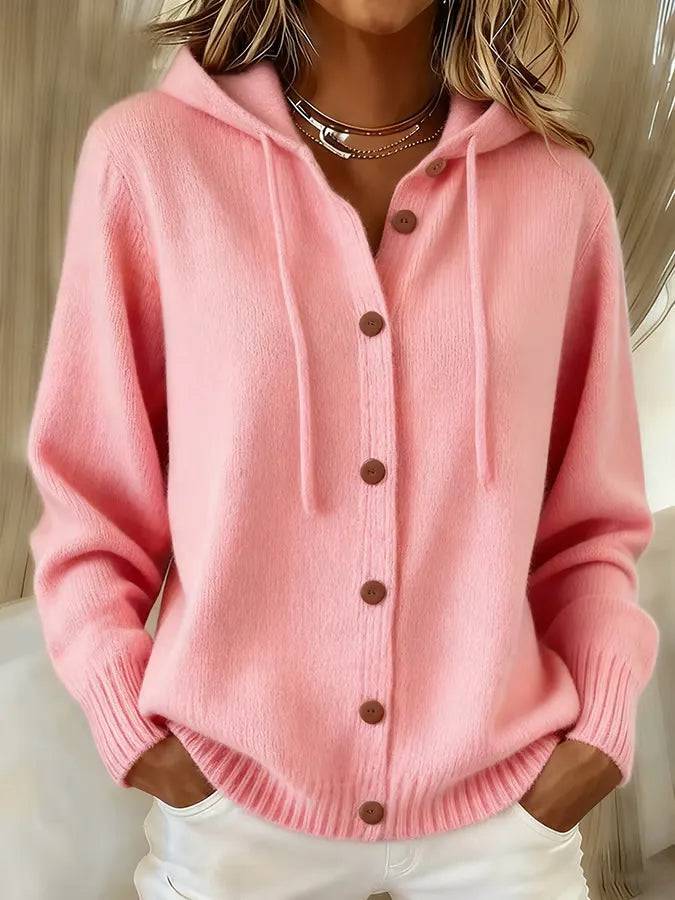 Melanie wearing the Brenda™ Cozy Button Cardigan Hoodie in pink by THE WHITMORE FAMILY, featuring a soft knit fabric and button front.