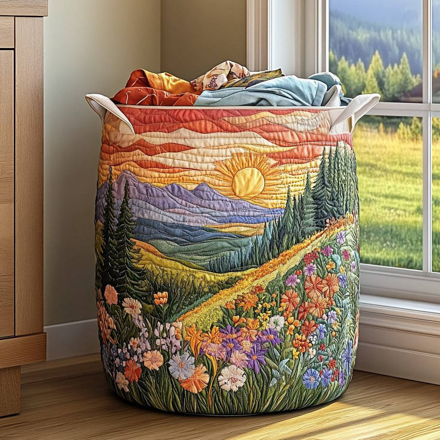 Quilted Morning Glory laundry basket by THE WHITMORE FAMILY, featuring a soft fabric exterior and spacious interior for laundry storage.