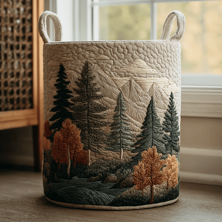 Quilted Forest Laundry Basket by THE WHITMORE FAMILY, featuring a mountain view design and sturdy handles for easy carrying.