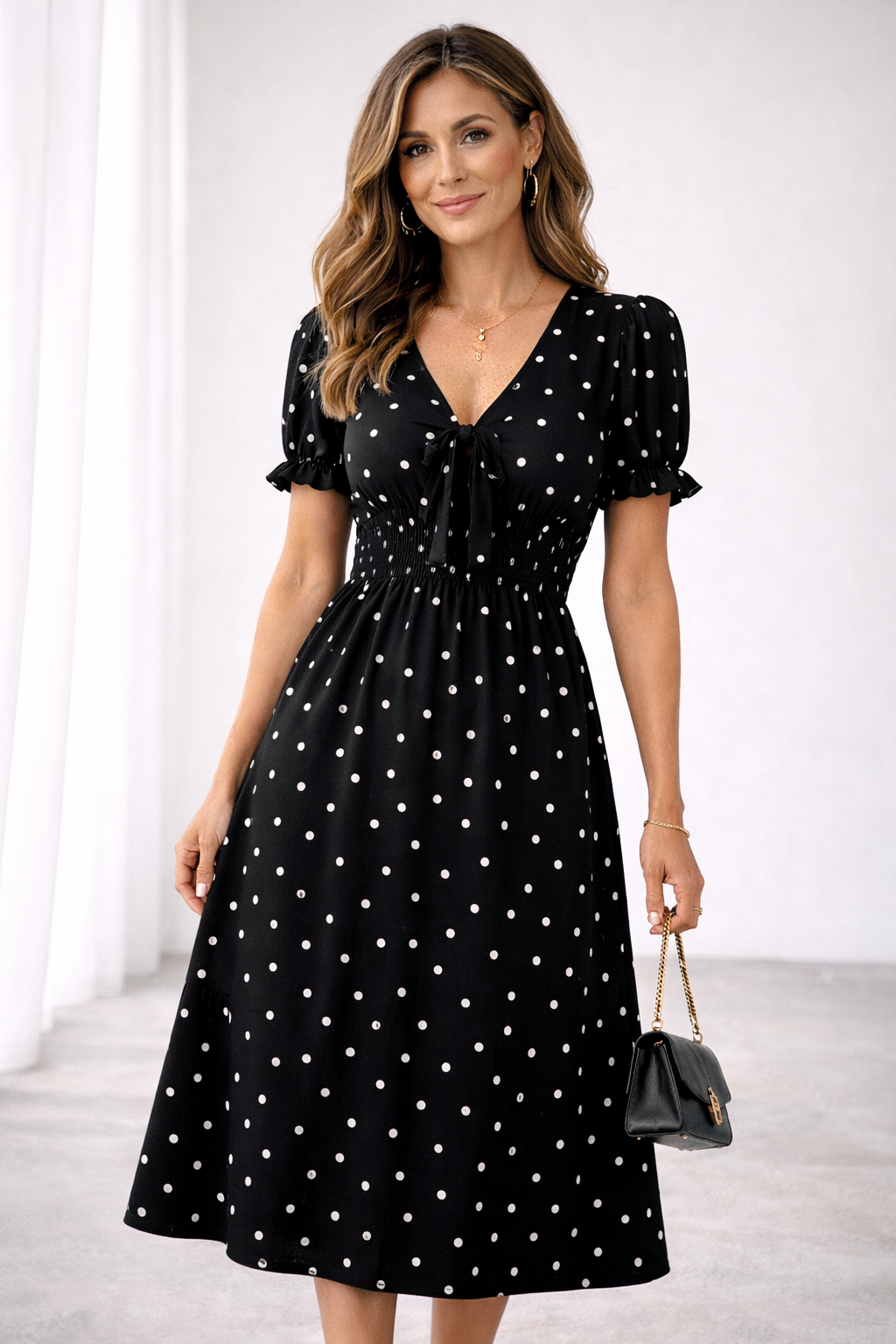 ELVENA™ | Polka Dot Ruffle Midi Dress