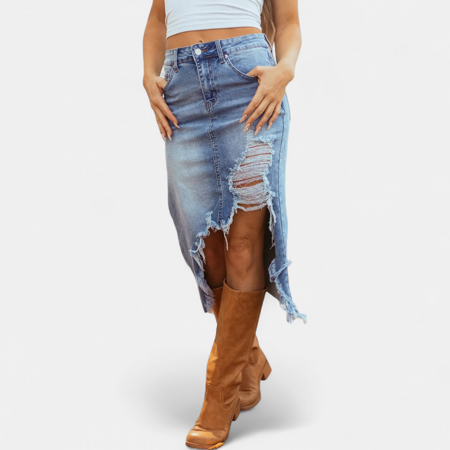 Myosotis blue relaxed high-waist denim maxi skirt by THE WHITMORE FAMILY, shown styled with casual top and accessories.