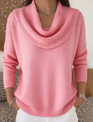 Gray cowl neck sweater for women by THE WHITMORE FAMILY, featuring a cozy, relaxed fit with a soft knit texture.