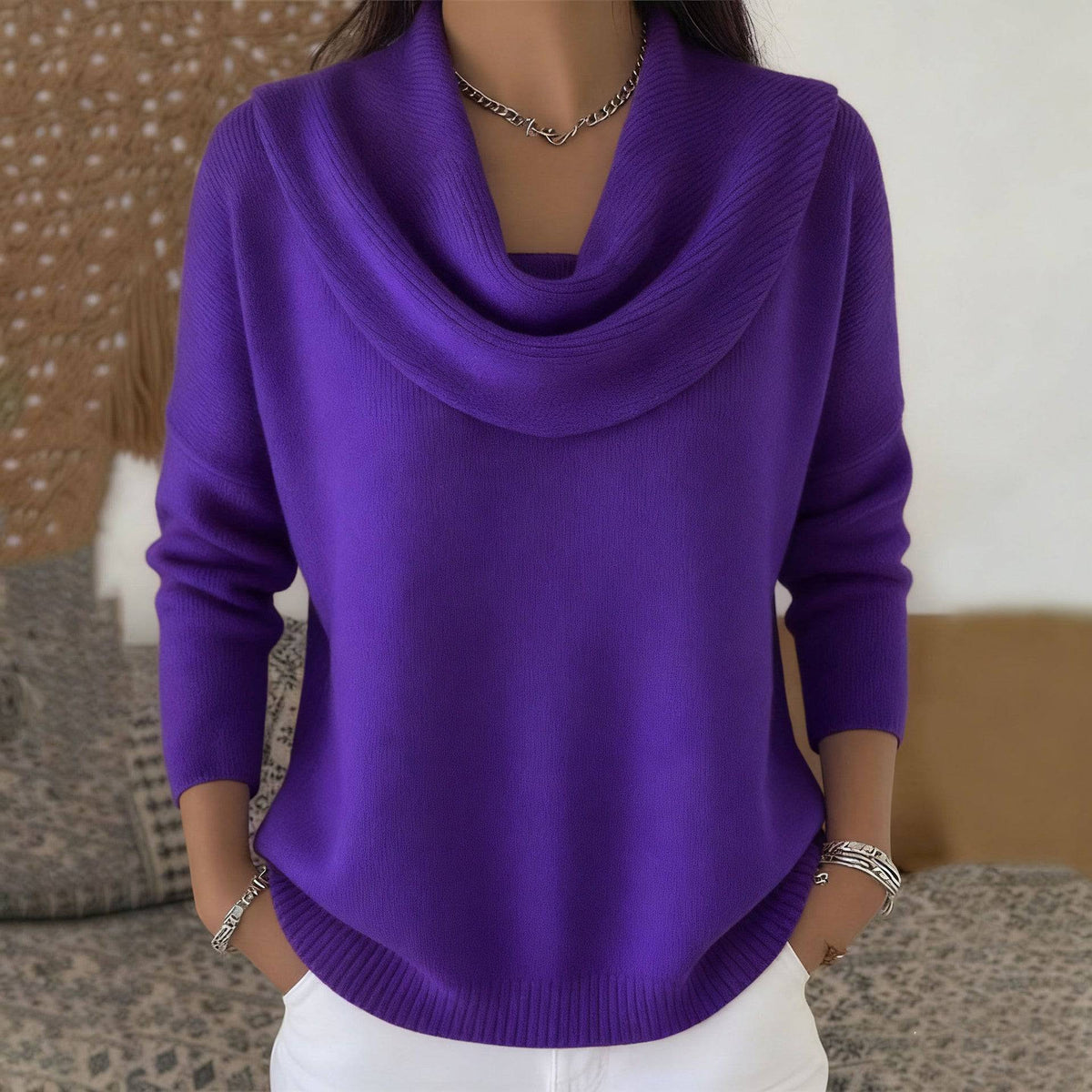 Women's cowl neck jumper sweater by THE WHITMORE FAMILY featuring a cozy, stylish design and soft fabric in neutral tones.