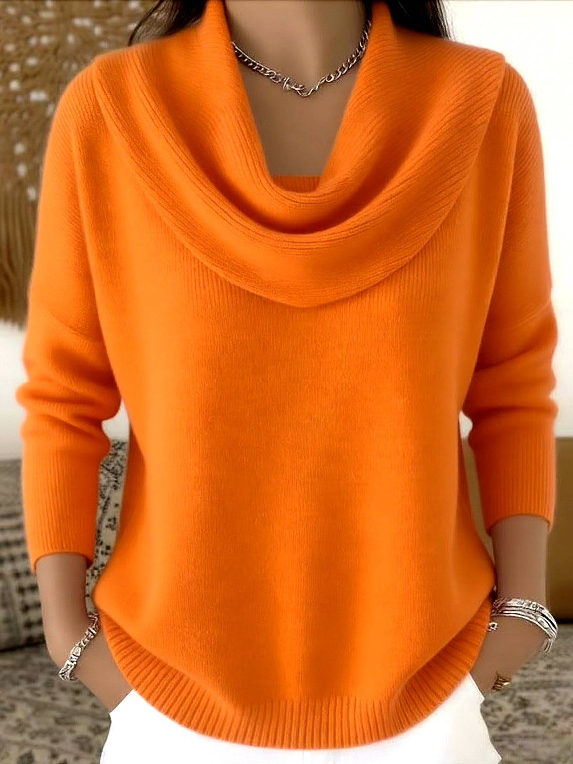 Women’s cowl neck jumper sweater by THE WHITMORE FAMILY featuring a cozy, stylish design with a draped neckline and soft knit fabric.