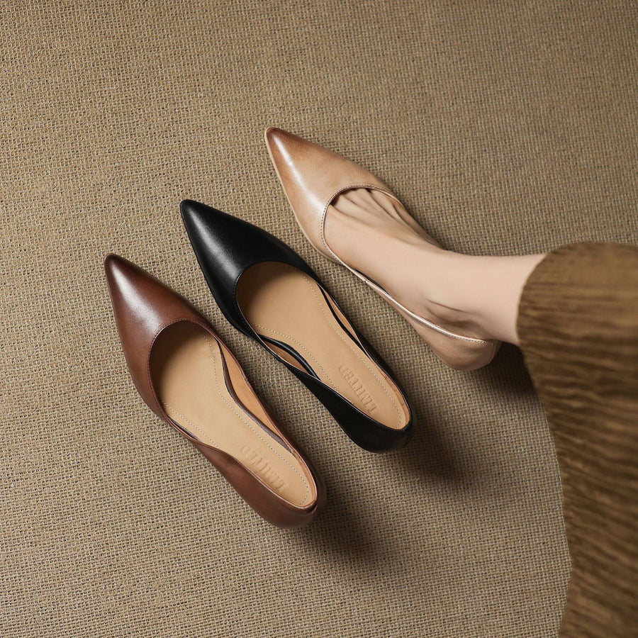 Calenne leather kitten heels by THE WHITMORE FAMILY, featuring a stylish pointed toe and elegant low heel for sophisticated wear