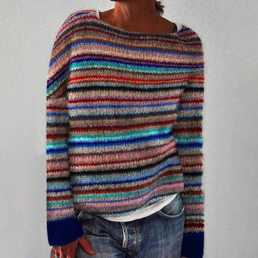 Scandinavian knitted sweater named Maya by THE WHITMORE FAMILY, featuring retro design in neutral tones.