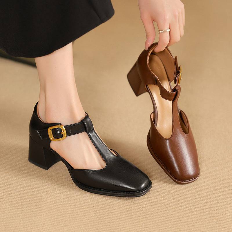 Marcele T-Strap leather pumps by THE WHITMORE FAMILY featuring sleek design and elegant T-strap style.