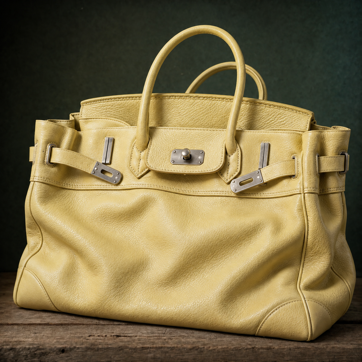 Pale yellow leather tote bag featuring a top handle, handmade by THE WHITMORE FAMILY, resting on rustic wood background.