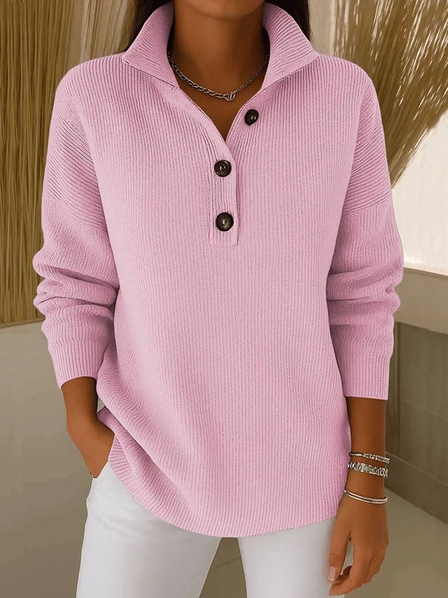Phoebe Pink Florence™ V-Neck Polo Sweater by THE WHITMORE FAMILY, featuring a soft pink knit fabric and classic V-neck design.